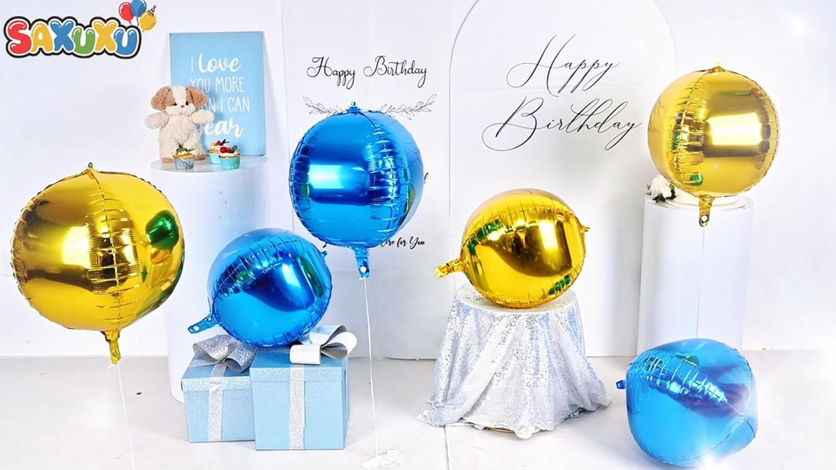 Blue Gold Giant 4D Foil Balloons, 6 Pcs Large Metallic Blue and Gold Round Balloons, 22 Inch Big