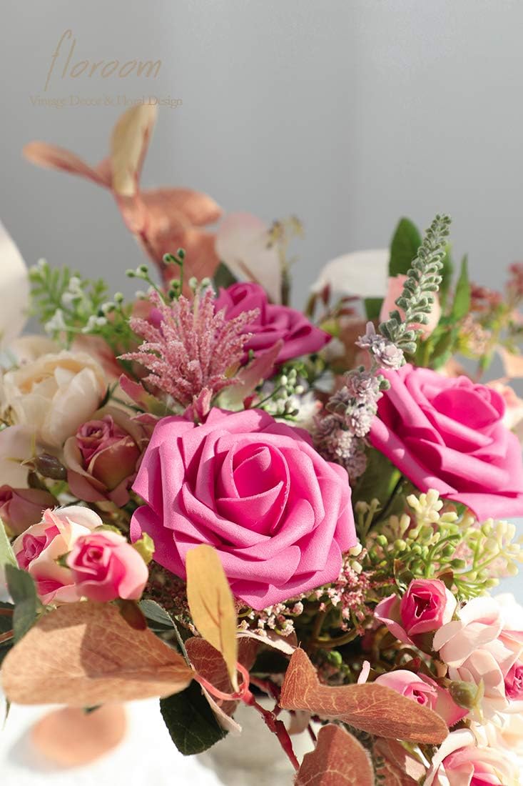Floroom Artificial Flowers 50pcs Real Looking Hot Pink Foam Fake Roses with Stems for DIY Wedding