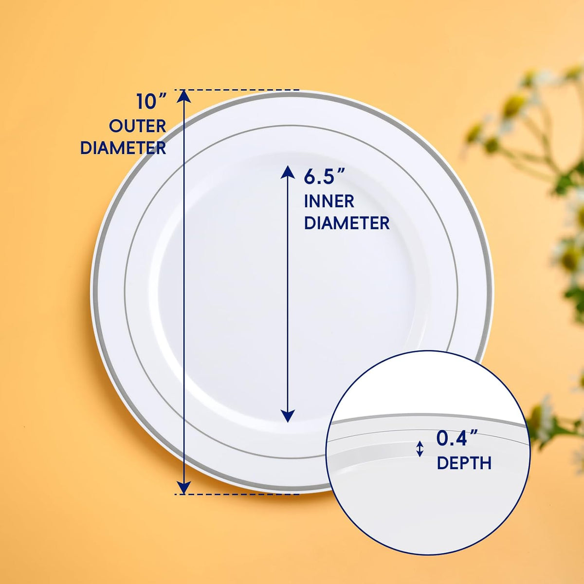 JOLLY CHEF 100 Pieces Silver Plastic Plates, 10 Inch Elegant Disposable White with Silver Rim