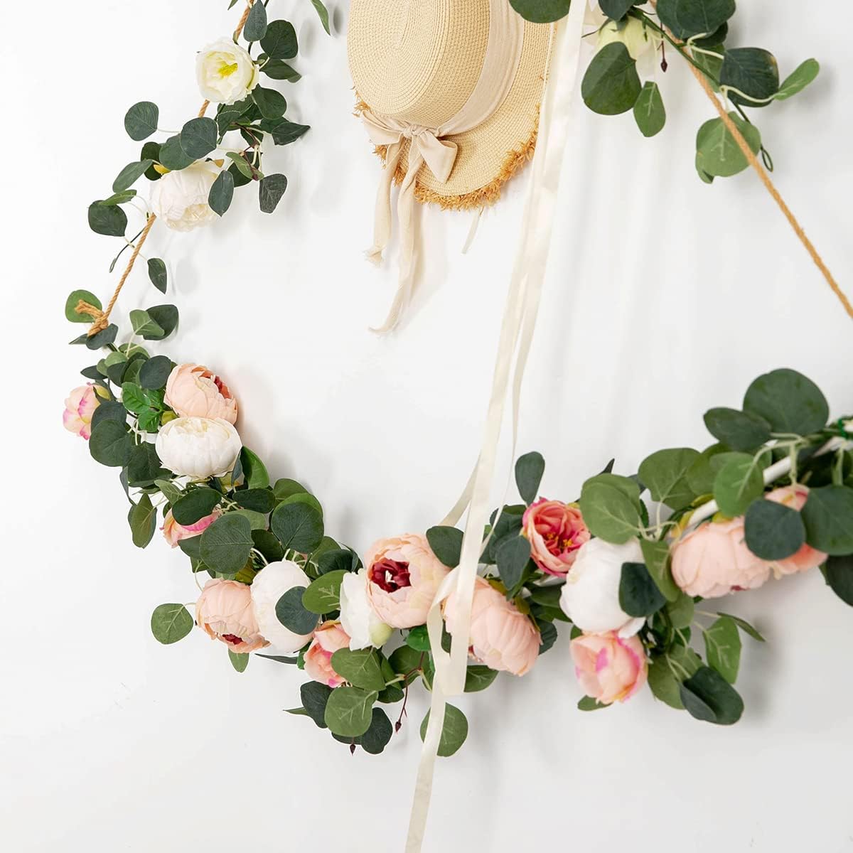 Floweroyal 2 Pack Artificial Flower Garlands 11.2FT Eucalyptus Garlands with Flowers 8 Head Peony