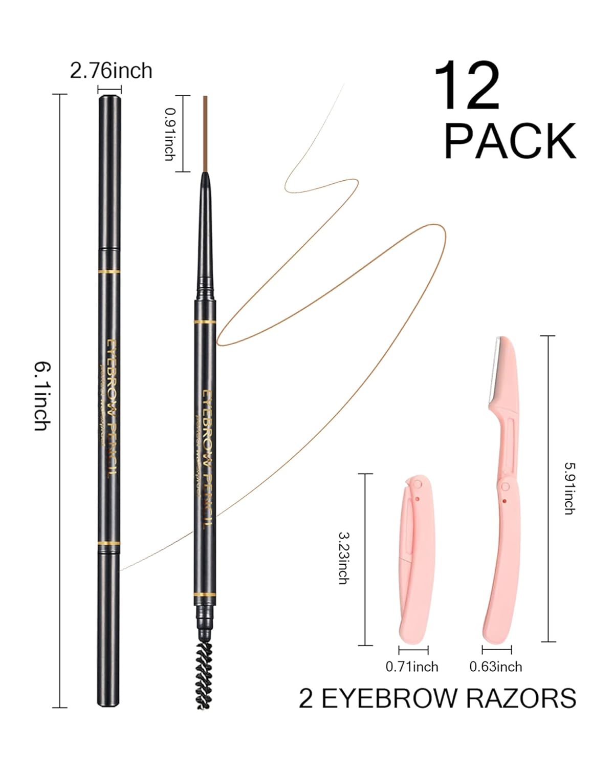 Light Brown Eyebrow Pencils for Women, 12Pcs Ultra Slim Eyebrow Pencil with 2 Brow Razors Kit