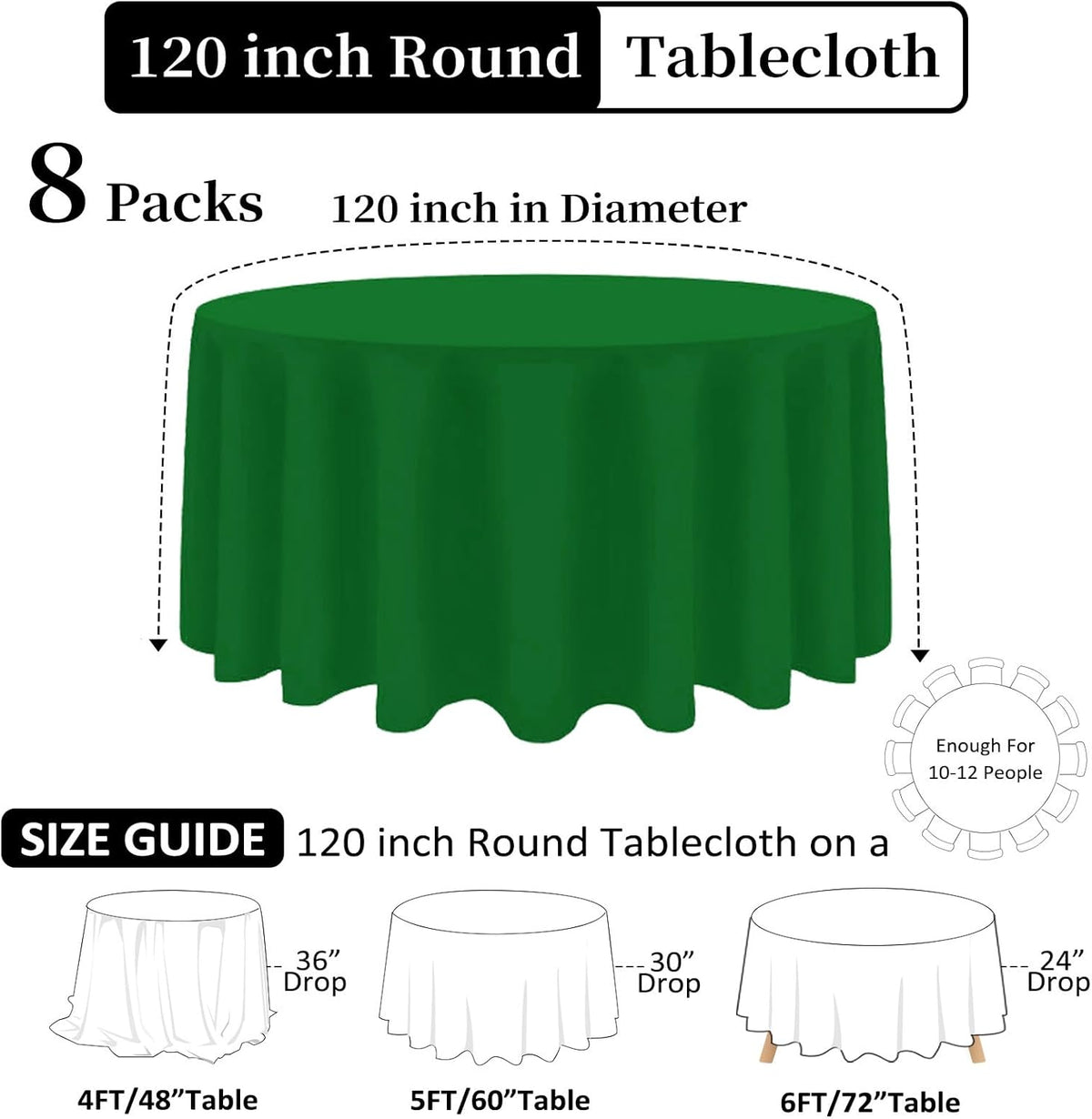 8 Pack Green Round Tablecloth 120 Inch Stain and Wrinkle Resistant Round Green Table Cloth Reusable