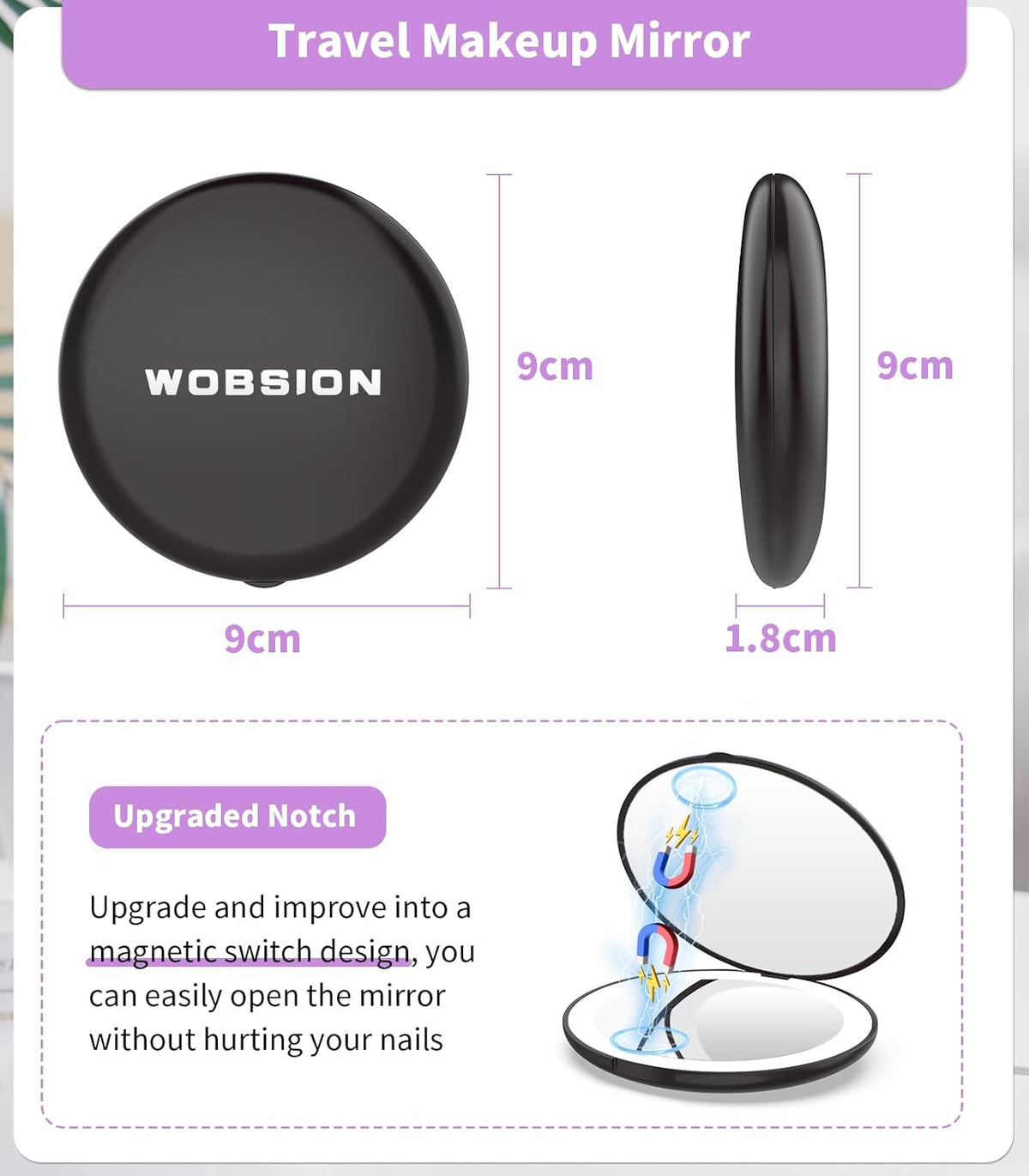 WOBSION Travel Compact Mirror,Portable 1x/10x LED Makeup Mirror with Magnification,Handheld 2-Sided