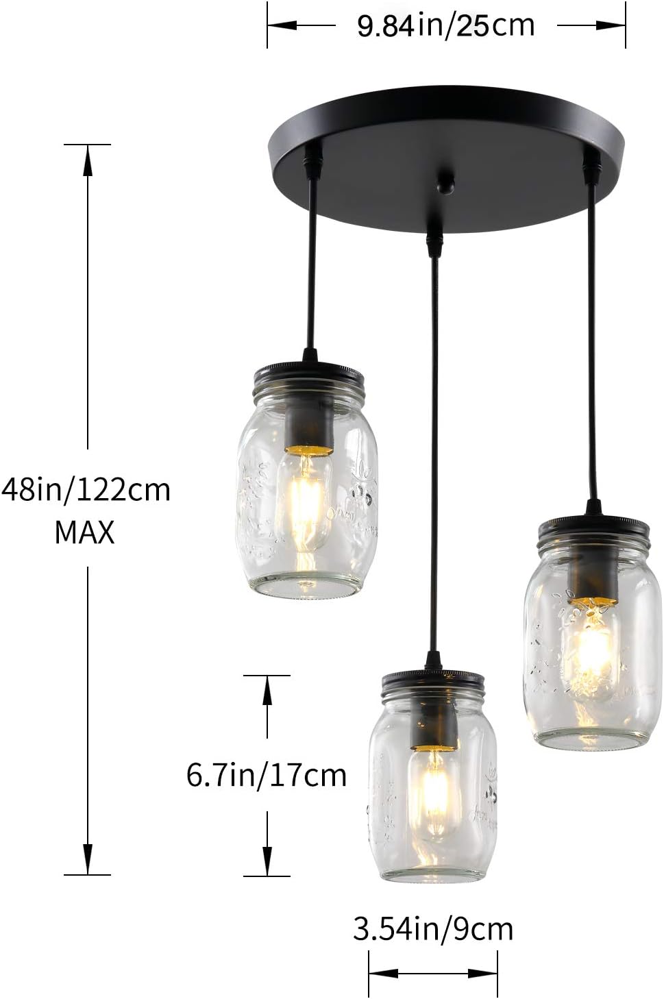 Mason Jar Light Fixtures, 3 Lights Farmhouse Mason Jar Pendant Light, Glass Jar Chandelier Country