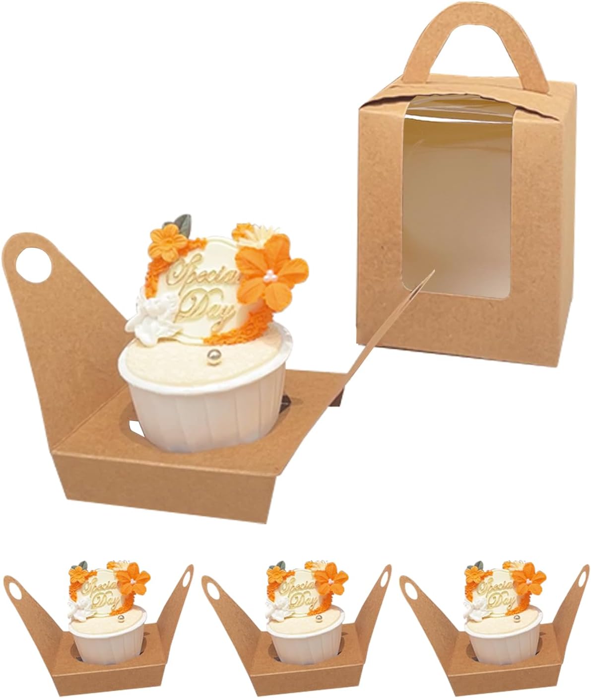Bakepacker Auto-pop up Individual Cupcake Boxes with Window 25 Count Brown Single Cupcakes Box 3.6