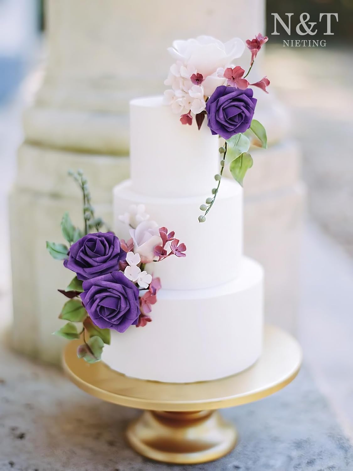 N&T NIETING Artificial Flowers 50pcs Real Looking Dusty Purple Foam Fake Roses with Stems for DIY