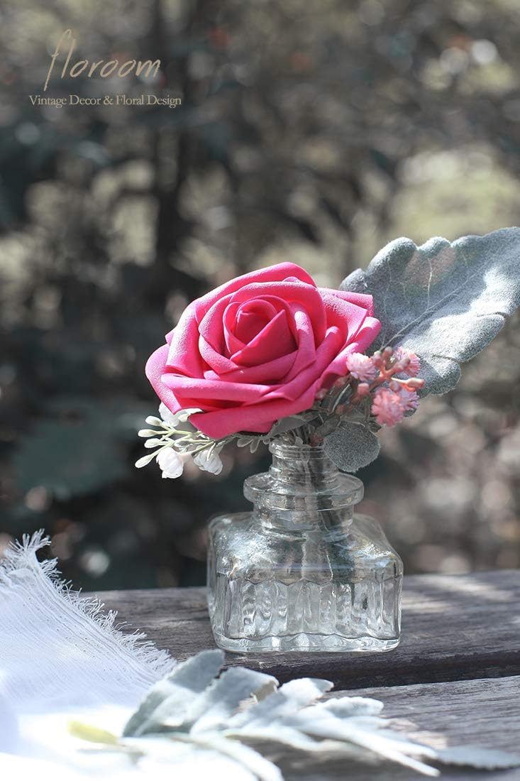 Floroom Artificial Flowers 25pcs Real Looking Fuchsia Foam Fake Roses with Stems for DIY Wedding