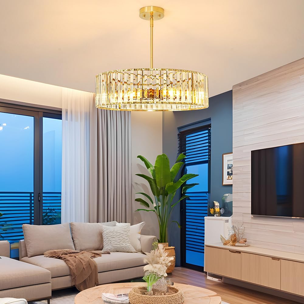 Gold Crystal Chandelier for Dining Room, 6-Light Modern Semi Flush Mount Ceiling Lighting Fixtures