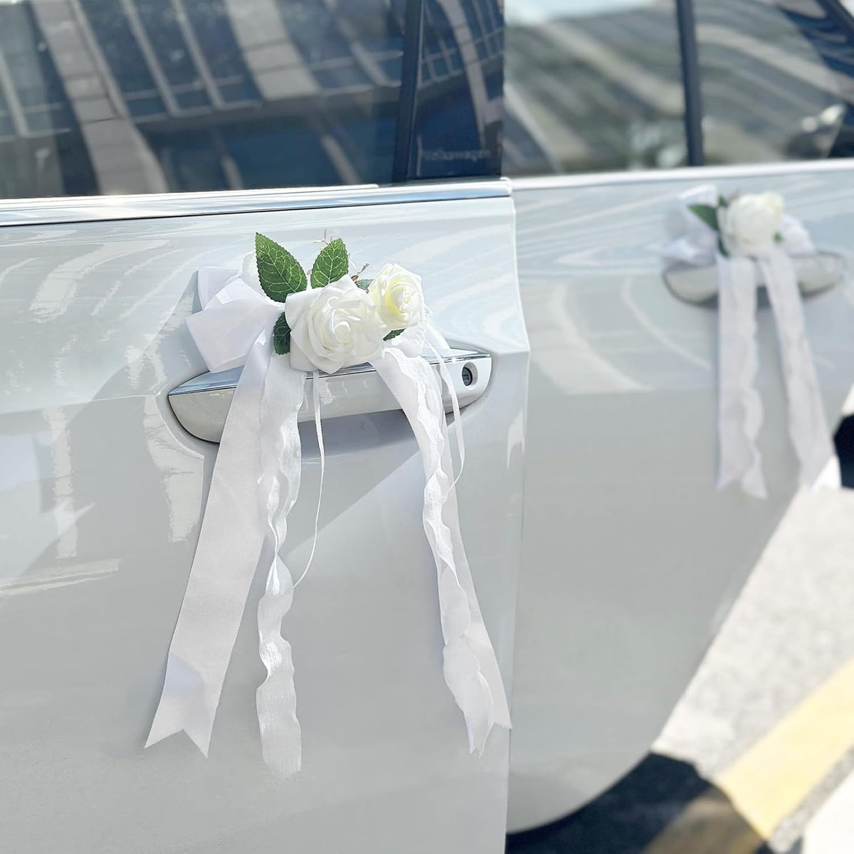 4PCS Wedding Car Door Handle Decorative Flowers, White Artificial Cars Bouquet Flower Bowknot