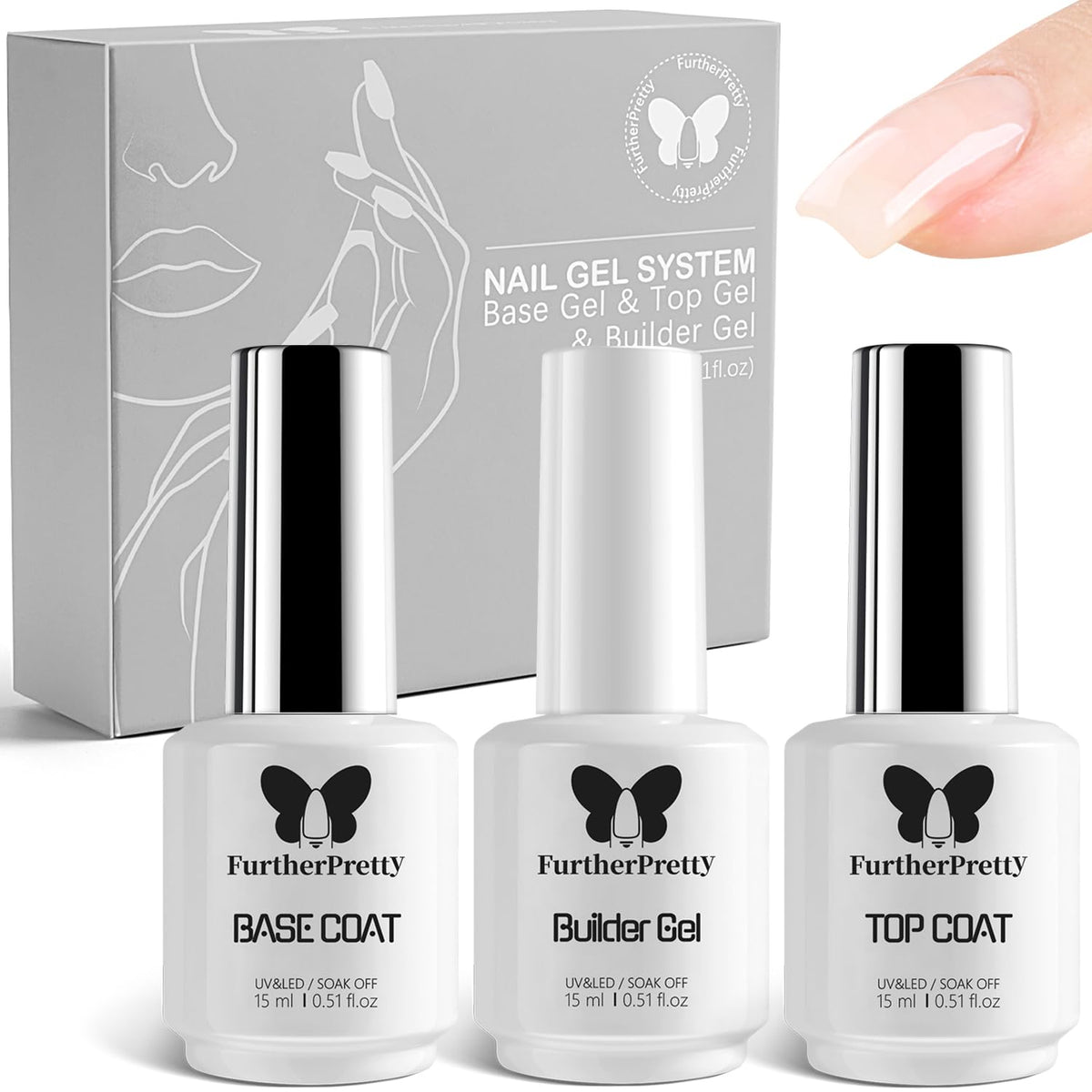 Builder Gel Nail Kit, 3PCS Set 15ml No Wipe Top Coat, Base Coat, and Nail Glue Gel for Nail