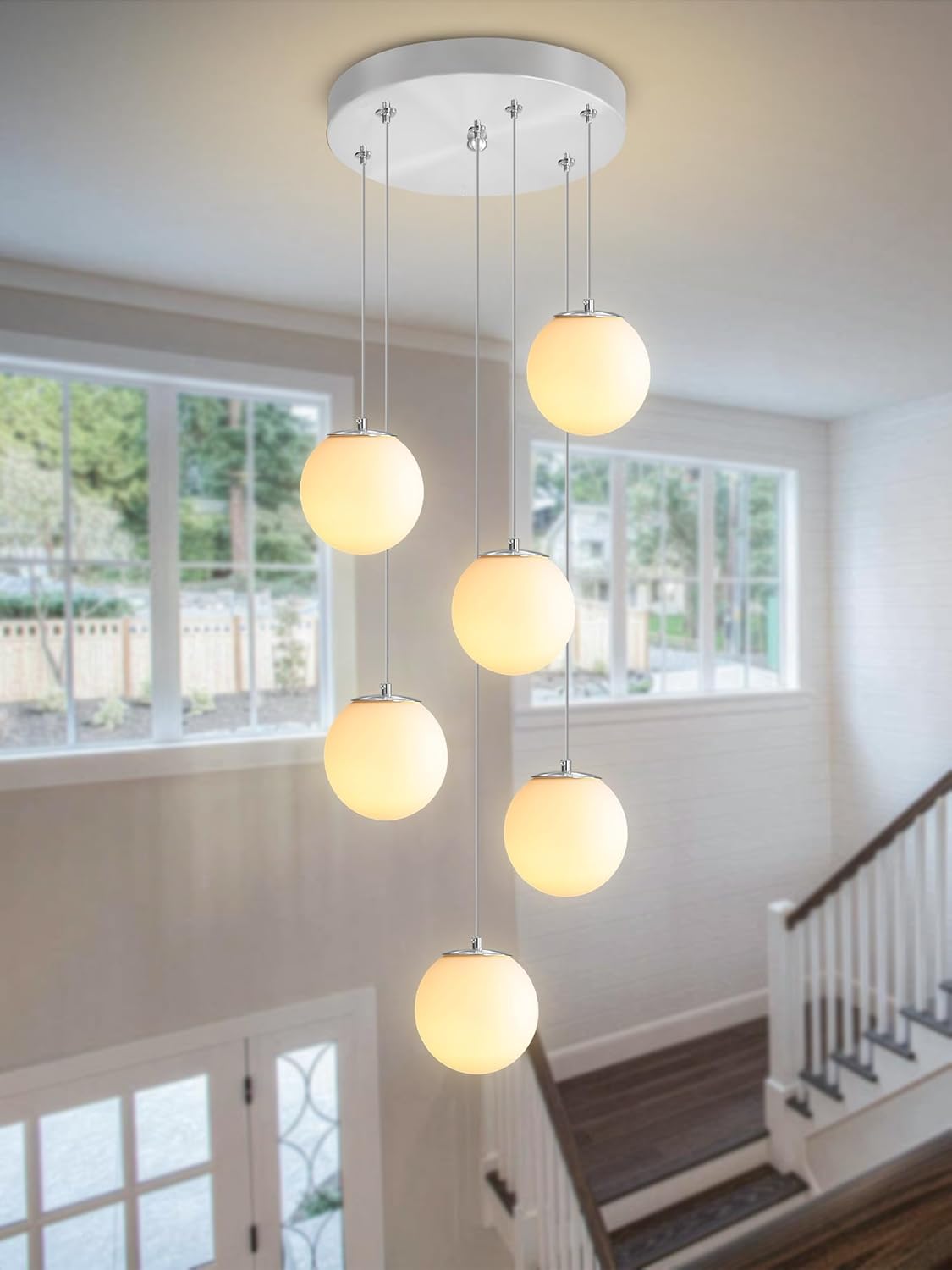 H 87in Globe Pendant Light 6-Lights Modern Hanging Chandelier for Kitchen Island Silver Globe