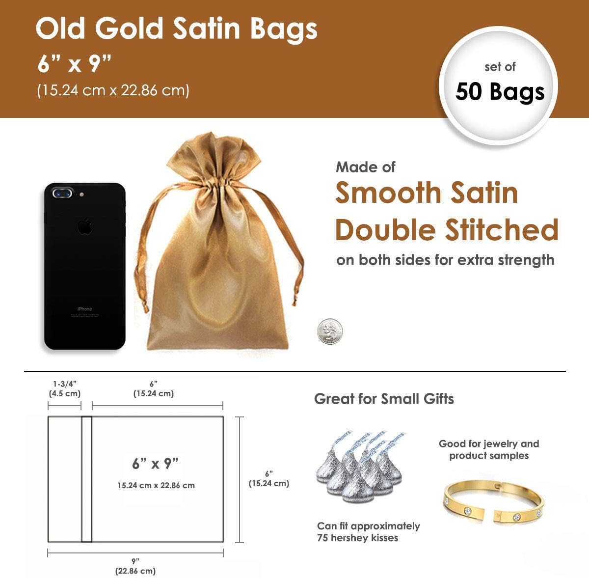 6" x 9" Old Gold Satin Gift Bags, Jewelry Bags, Wedding Favor Drawstring Bags Baby Shower Christmas