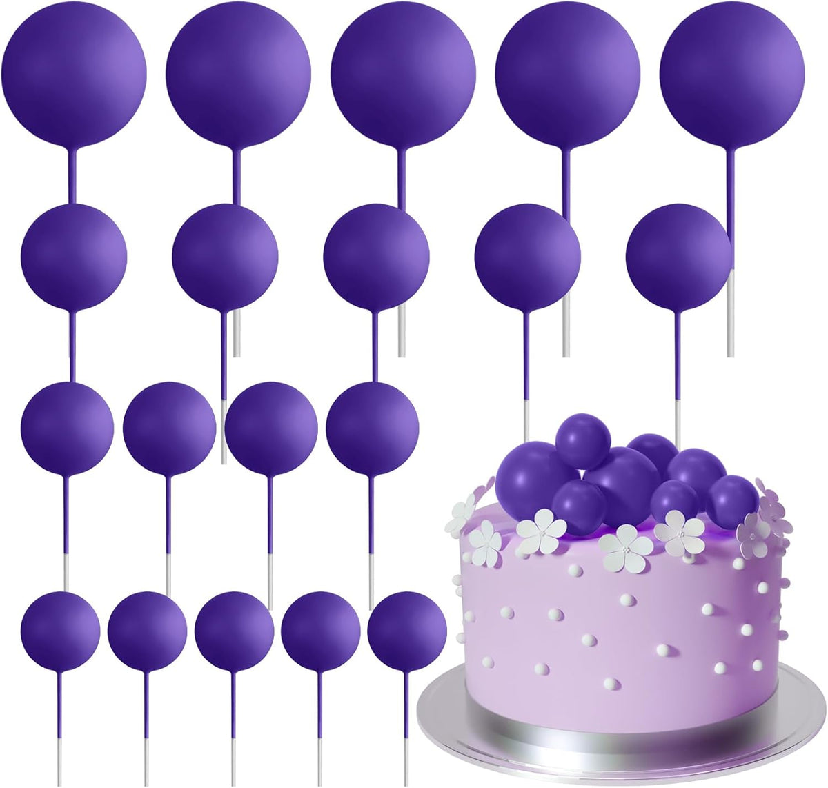 ASTARON 20 Pcs Ball Cake Topper Decorations Mini Balloons Cake Topper Sticks Dark Purple Balls Cake