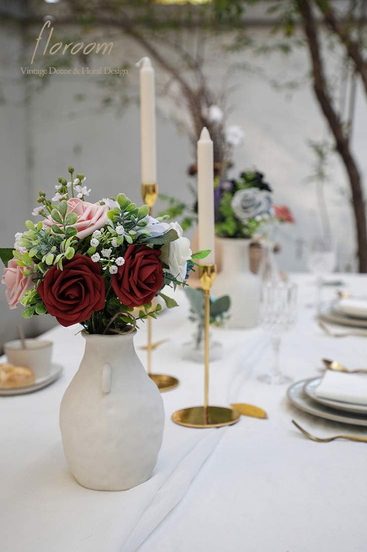 Floroom Artificial Flowers 50pcs Real Looking Burgundy Foam Fake Roses with Stems for DIY Wedding