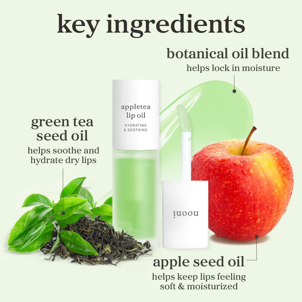 NOONI Korean Lip Oil - Appletea | Long-Lasting, Moisturizing, Plumping, Revitalizing for Dry Lips