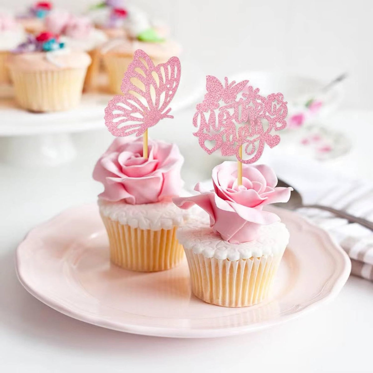 12Pcs Birthday Cupcake Toppers,Pink Glitter Cake Toppers Butterfly Cupcake Picks for Coquette Theme