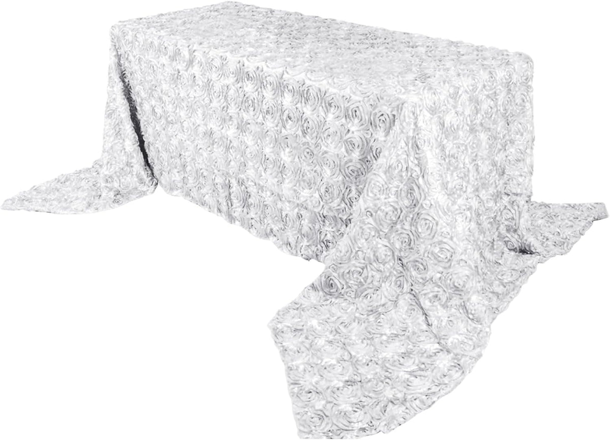 Efavormart 90"x156" Wholesale Rectangle Table Cover White Grandiose Rosette 3D Satin Tablecloth for