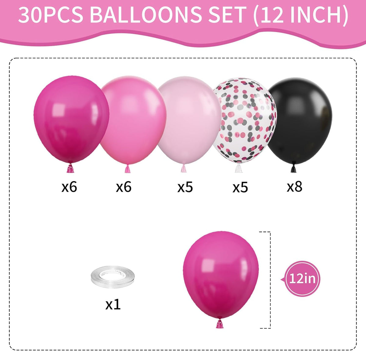Pink and Black Balloons, 12 Inch Hot Pink Black Balloons Set with Black Pink Confetti Balloons