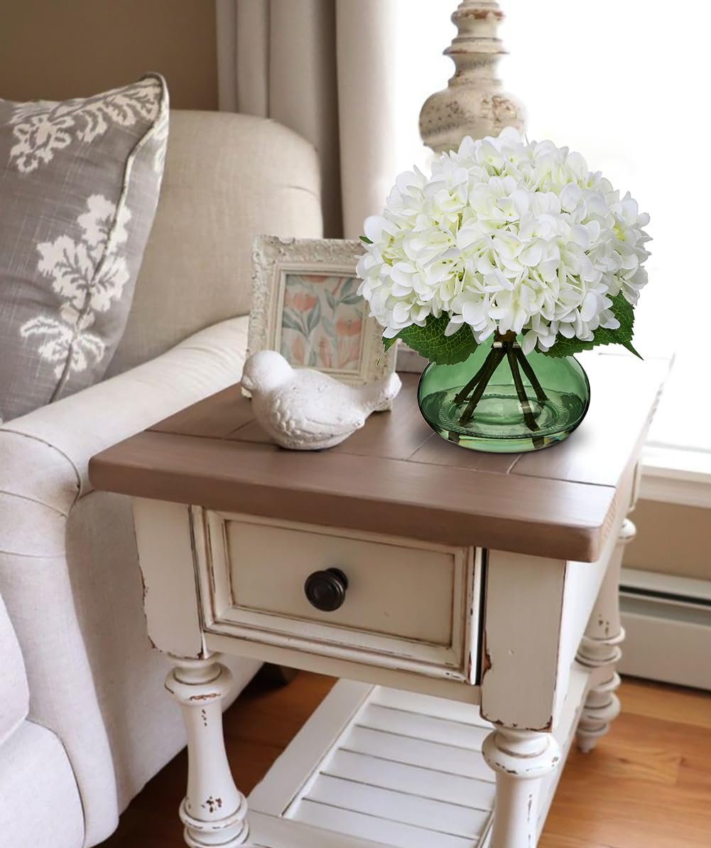 Hollyone White Hydrangeas Floral Arrangement in Glass Vase Artificial Flowers with Vase with Faux