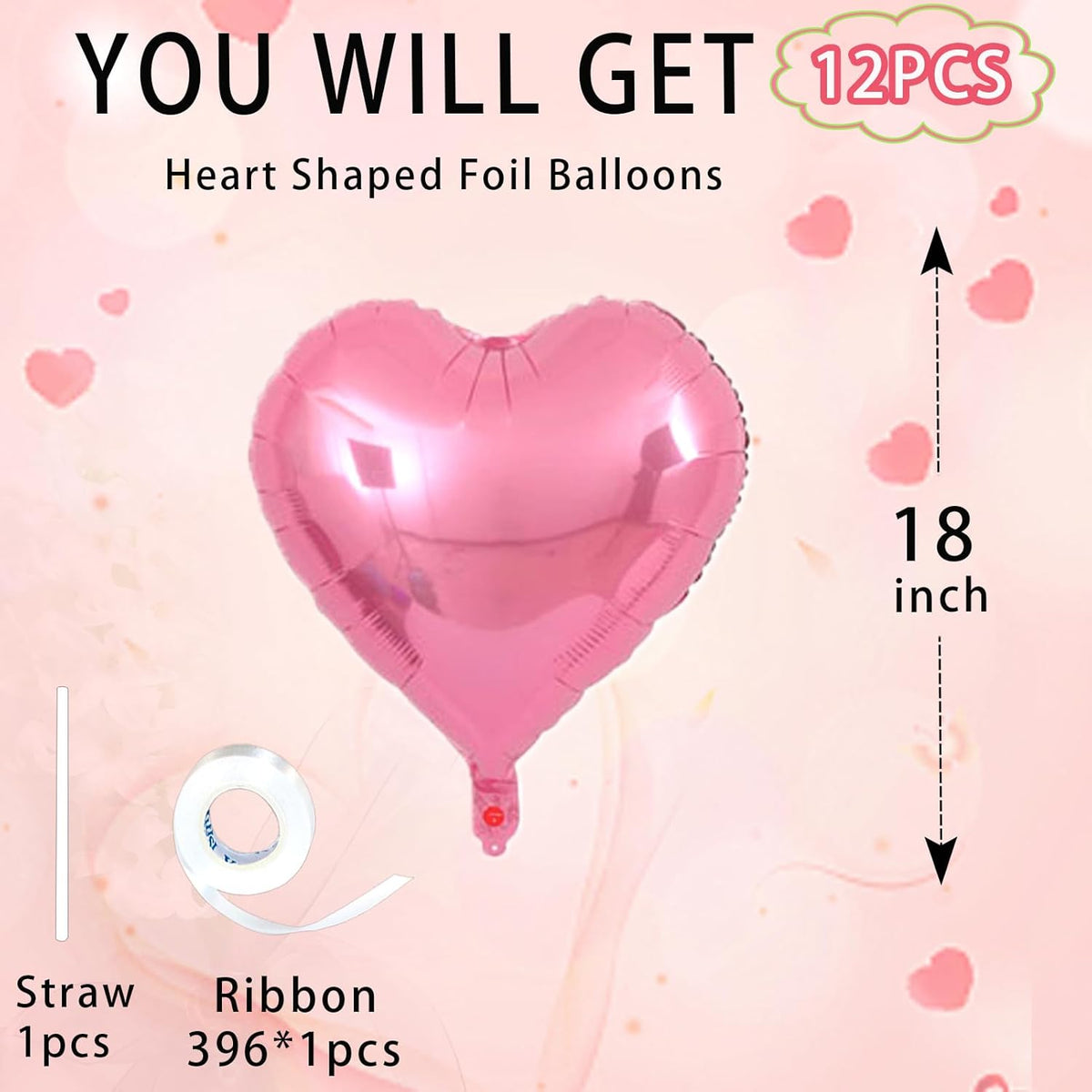 Pink Heart Balloons,18inch Bright Pink Heart Shaped Foil Balloons 12Pcs Helium Mylar Balloon for