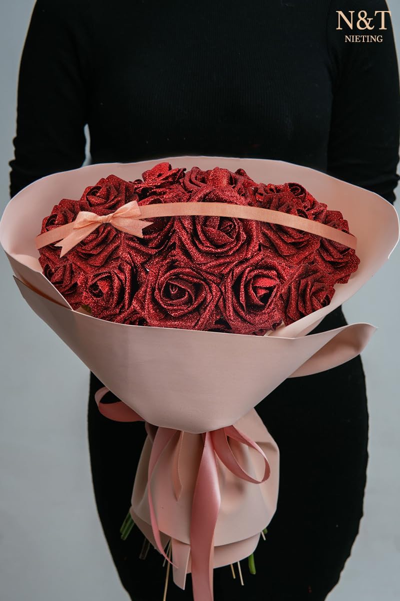 N&T NIETING Artificial Flowers Glowing Red Flowers Foam 50pcs Glitter Roses Real Looking Fake Roses