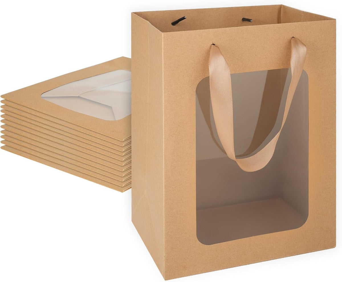 MOXARYSU 12 Pcs Brown Gift Bags with Clear Window: 9.8x5.1x7.1 Inch Medium Kraft Paper Bags with