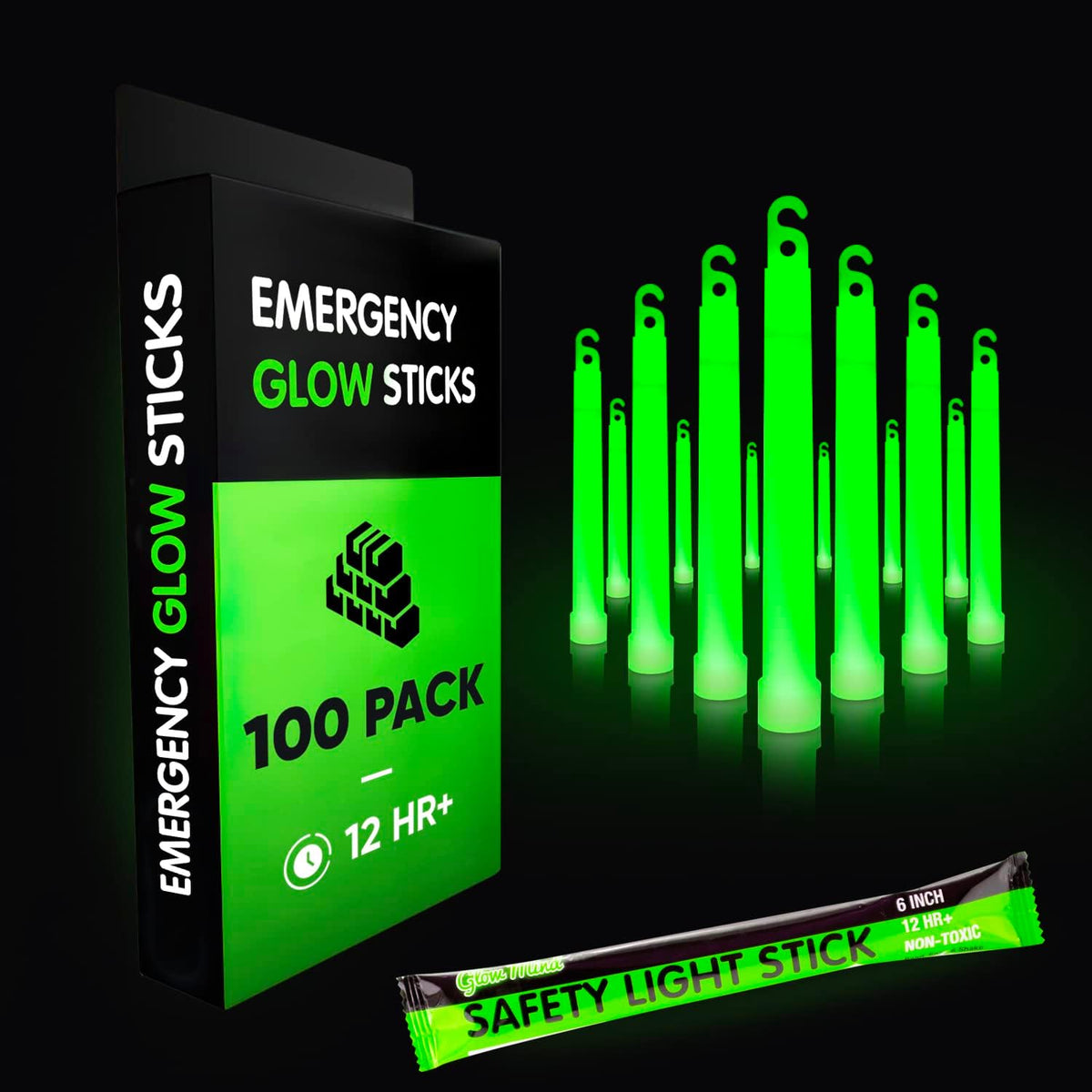 Emergency Glow Sticks with 12 Hours Duration, Individually Wrapped Industrial Grade Glowsticks for