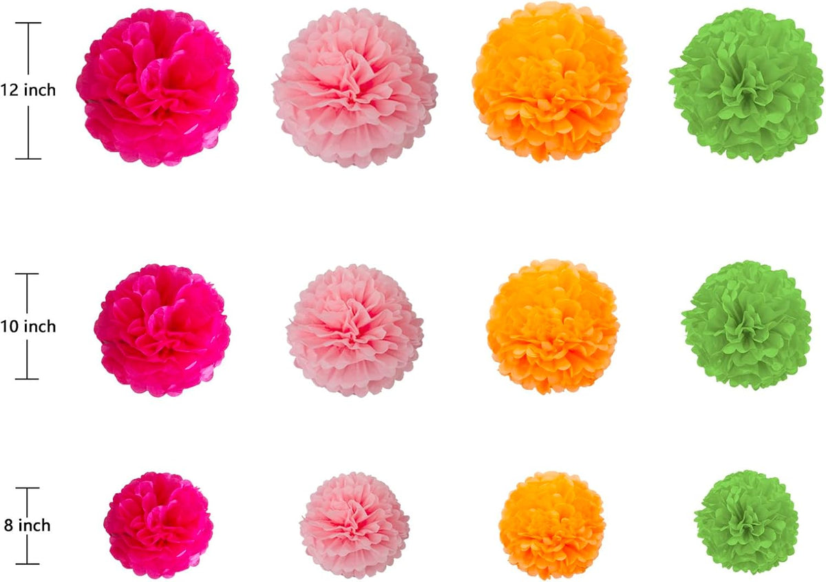 ZOOYOO Pink Orange Green Paper Poms, Tropical Party Decoration, Hawaiian Tissue Paper Poms Luau
