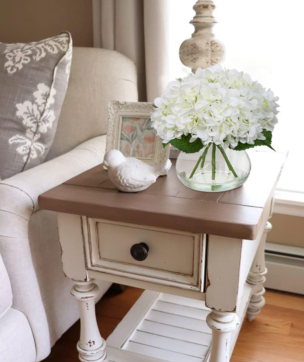 Hollyone Hydrangea Artificial Flowers with Vase White Silk Fake Flowers Arrangements in Glass Vase