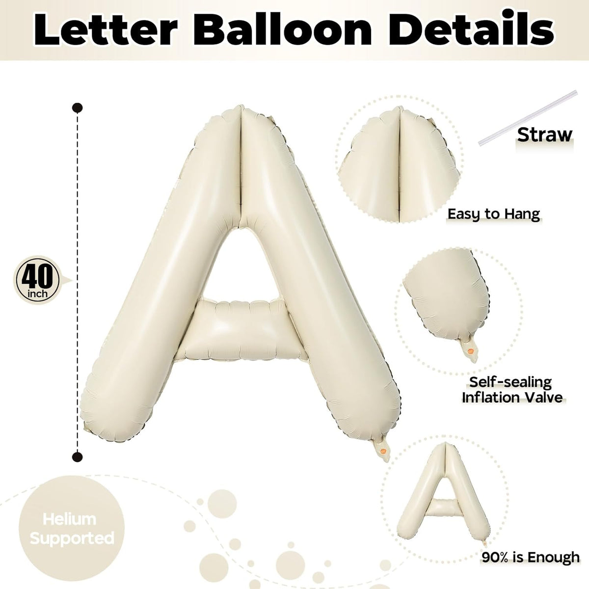 Cream A Letter Balloons, 40 Inch Alphabet Foil Name Beige, Large Self Inflating Letters A, White