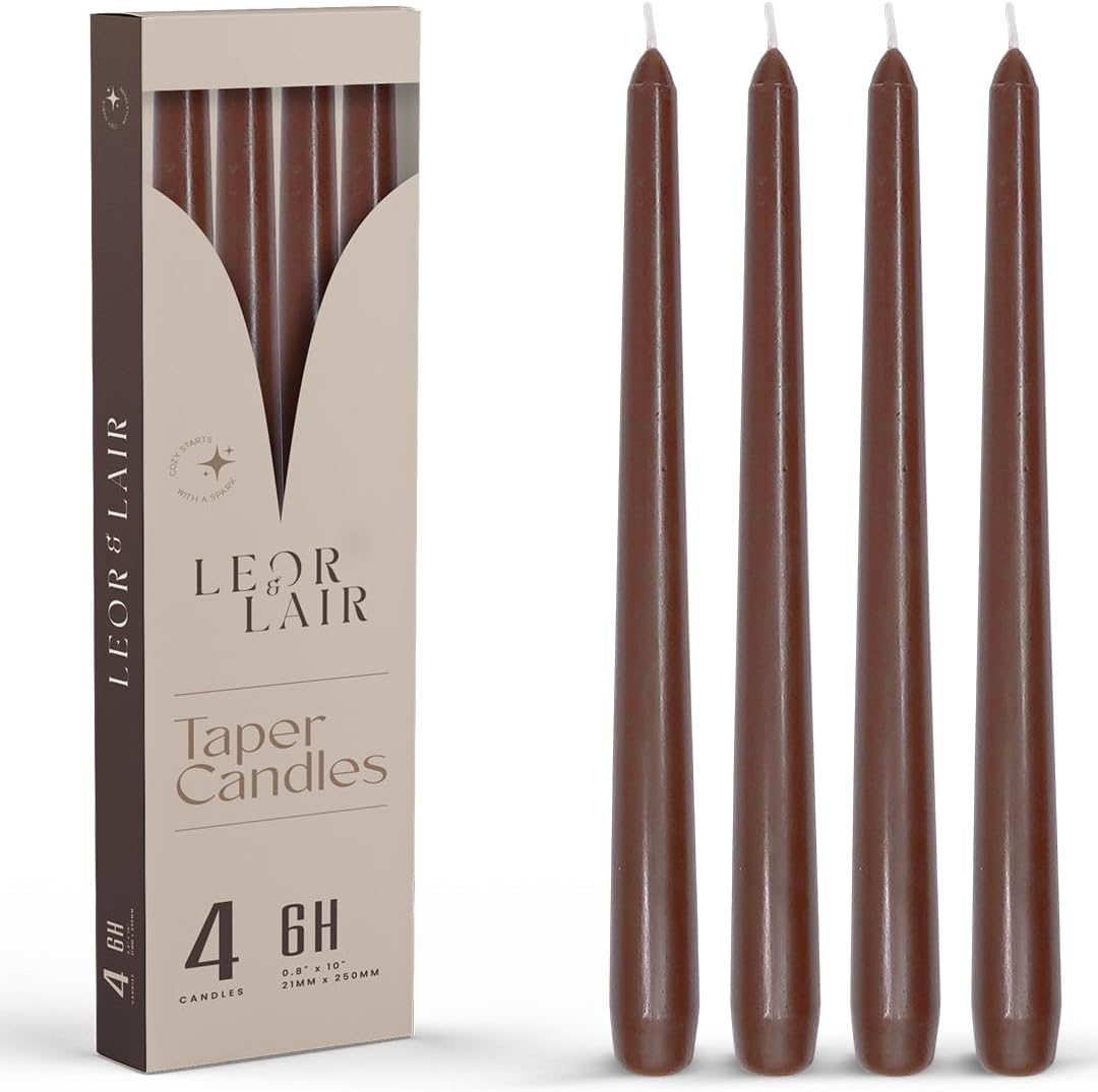 Leor & Lair Brown Taper Candles - 4 Pack 10" Brown Candlesticks - Unscented Long Burning Candle