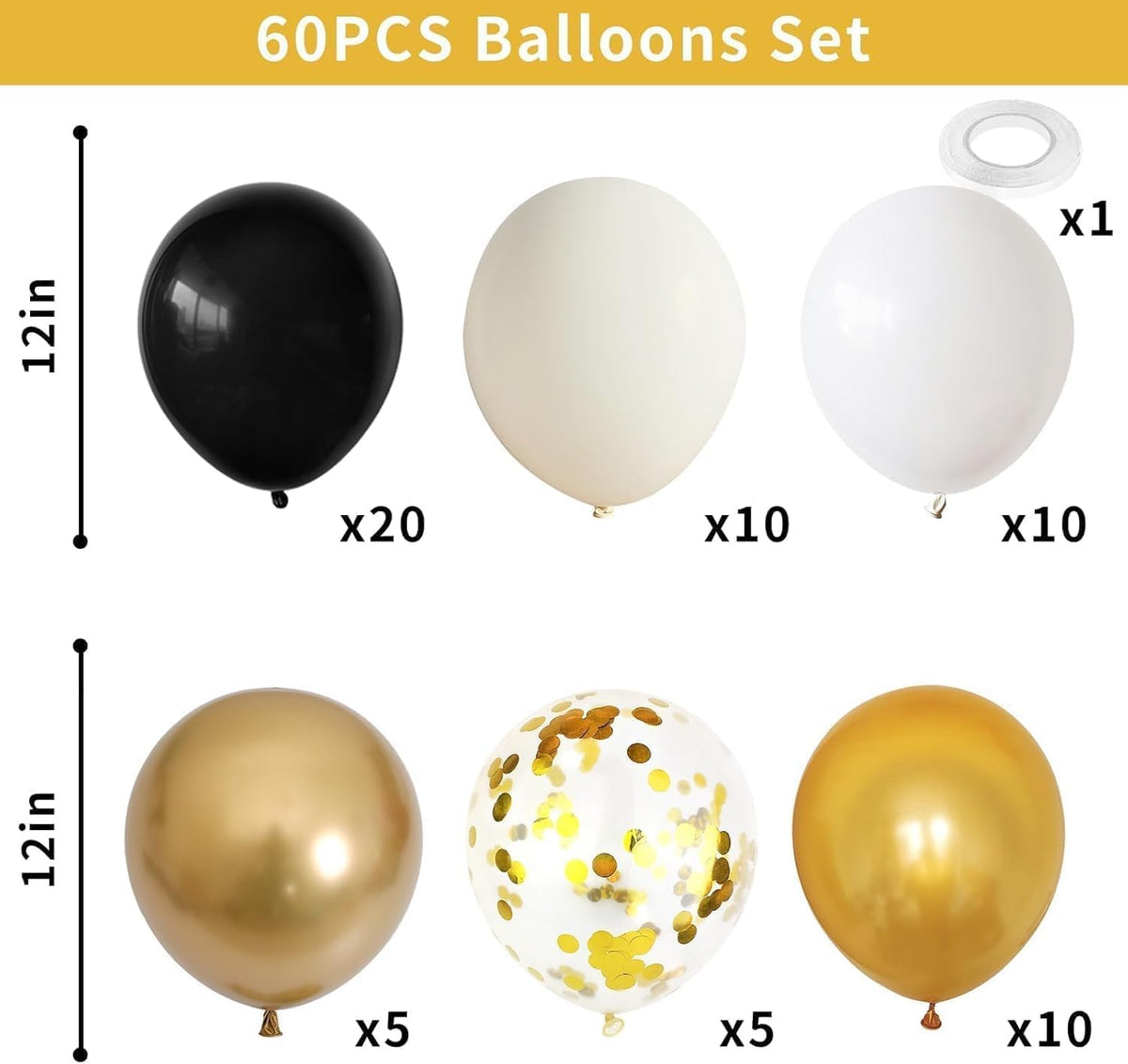 Black Gold Beige Balloons, 60PCS Black Gold White Sand Balloons Party Balloon with Metallic Gold