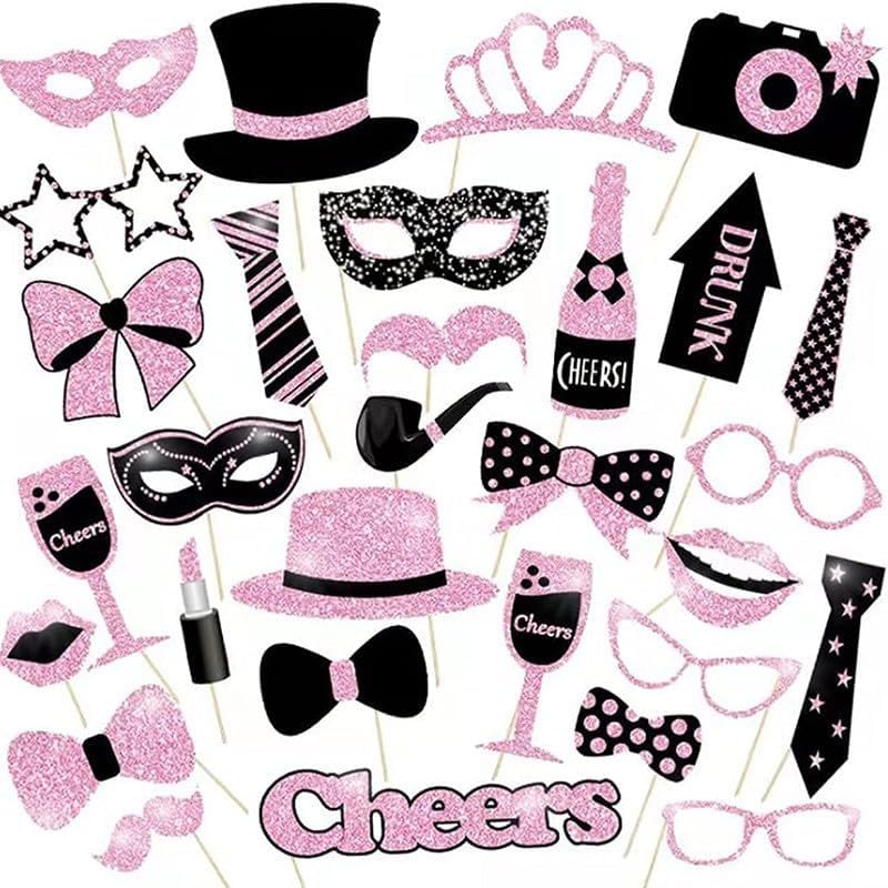 30 Pieces Black Rose Golden Photo Booth Props for Birthday Wedding New Year Party,Mix of Hats