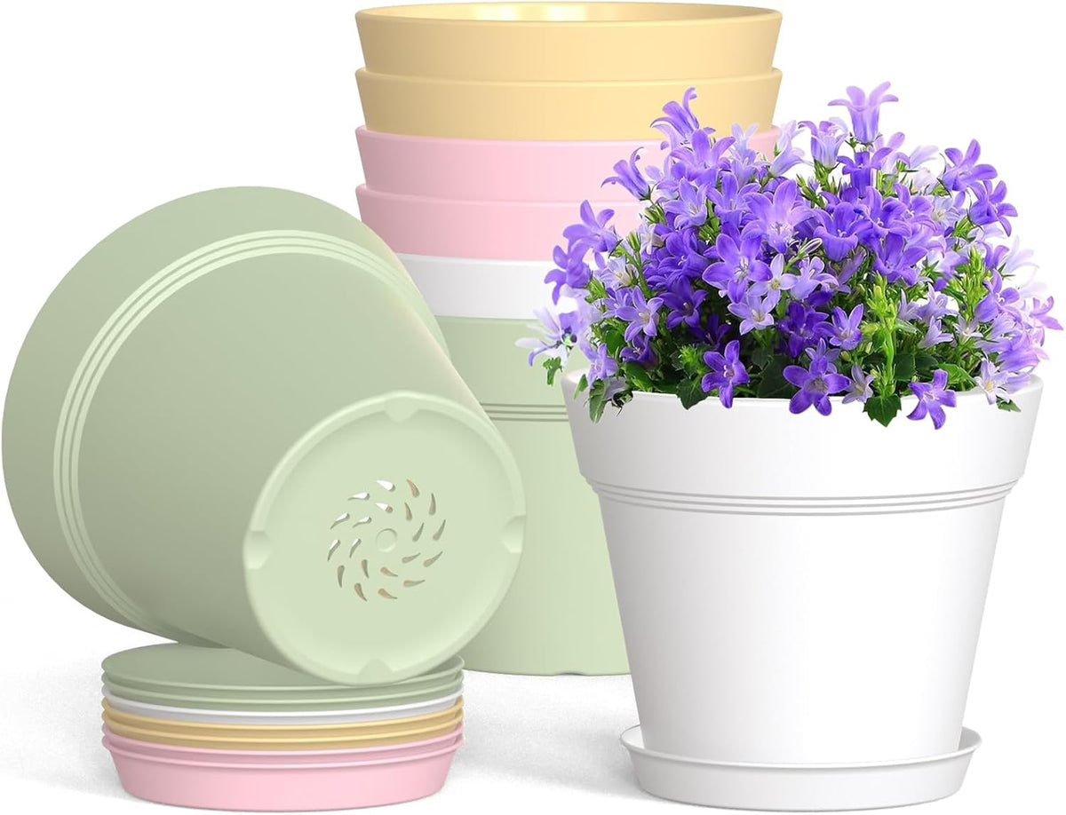 4 Inch Plastic Plant Pots with Drainage Holes and Trays – 8 Pack Small Nursery Pots for Indoor &