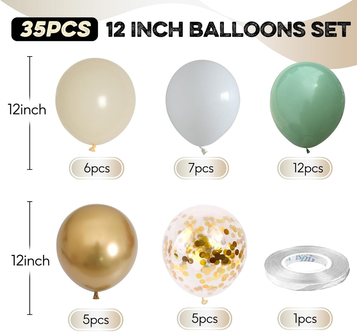 Sage Green Gold Balloons, 12 Inch Green White Metallic Gold Balloons, Olive Sand White Balloon