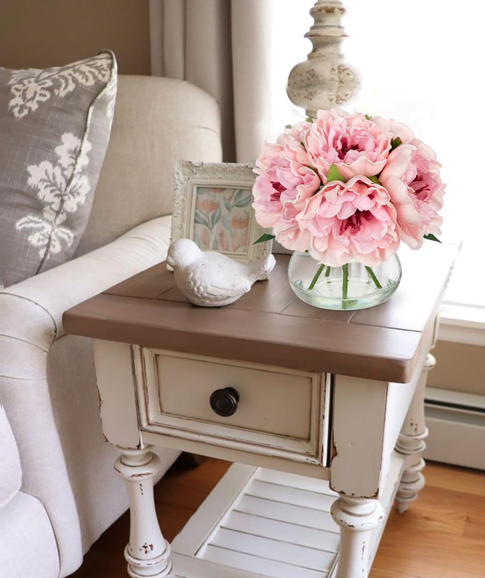 Hollyone Light Pink Peonies Artificial Flowers with Vase Faux Flowers Peony Fake Flowers Silk