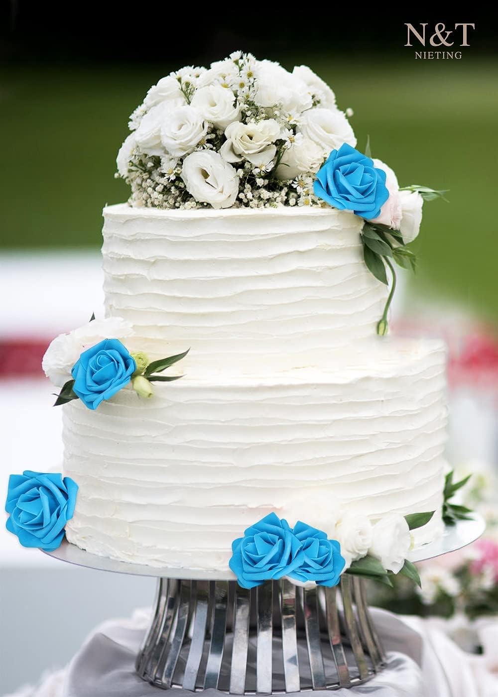 N&T NIETING Artificial Flowers 50pcs Real Looking Blue Foam Fake Roses with Stems for DIY Wedding