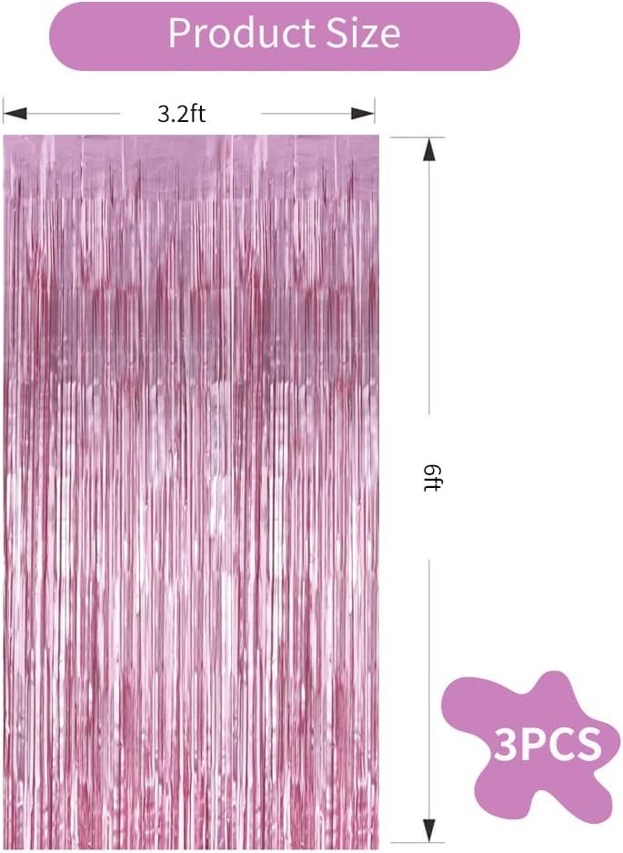 3Pcs Pink Metallic Tinsel Foil Fringe Curtains,3.28ft x 6.56ft Pink Photo Booth Backdrop Streamer