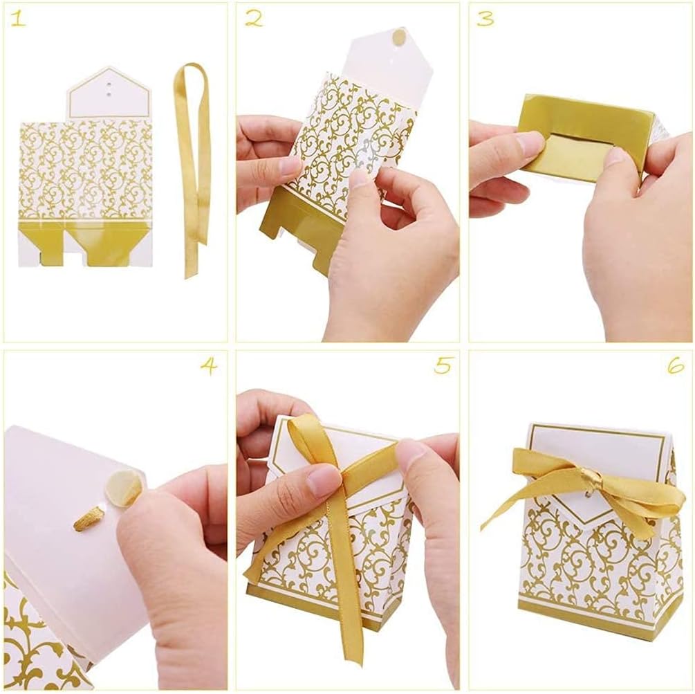KUPOO 50PCS Candy Boxes,Gold Ribbon Wedding Favor Boxes Candy Bag Cake Box for Wedding Party