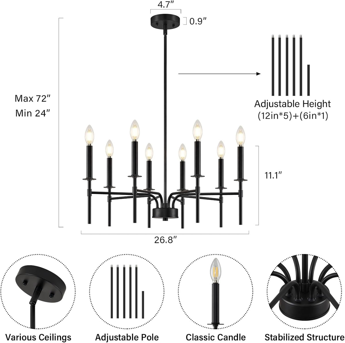 8 Light Black Chandelier Light Fixture, Modern Farmhouse Chandeliers for Dining Room Light Fixture