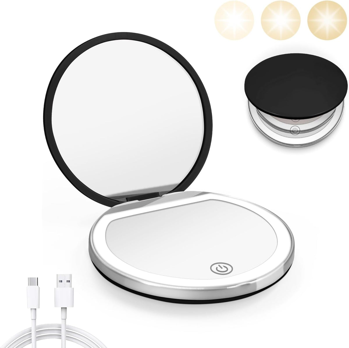 Compact Mirror with Light, 1X/3X Magnification LED Pocket Mirror with USB Data Cable,Mini Mirror