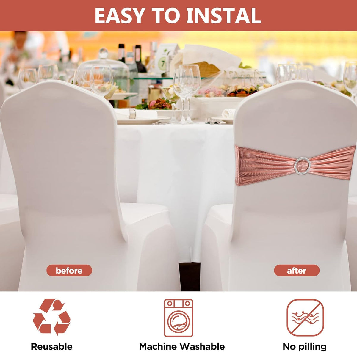 CHENGU 150 Pieces Spandex Stretch Chair Sashes Bows Elastic Chair Cover Bands Ties with Buckle