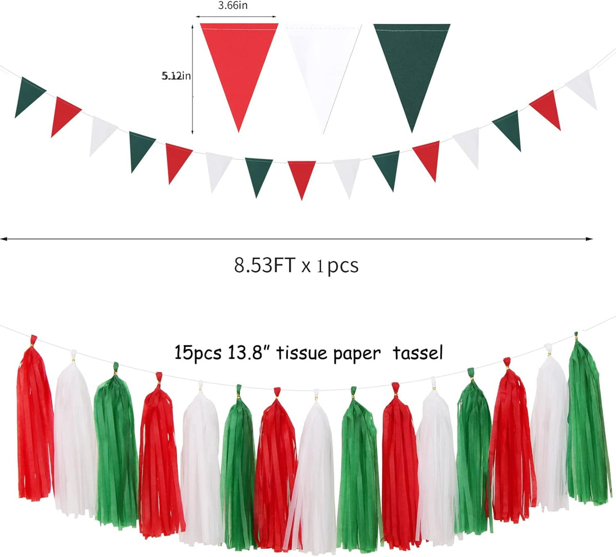 Red-Green White Party-Decorations - 23pcs Mexico Italy Tissue Pom Poms Streamers,Tassel Garland