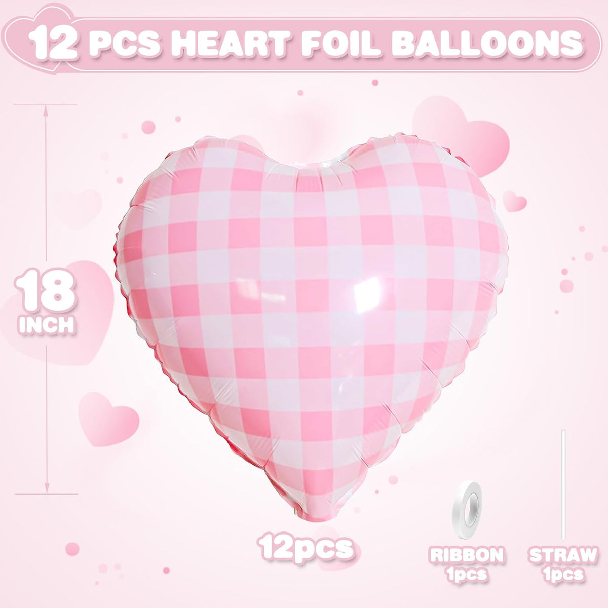 Pink White Checkered Heart Balloons,12Pcs 18Inch Light Pink Grid Heart Shaped Foil Helium Polyester