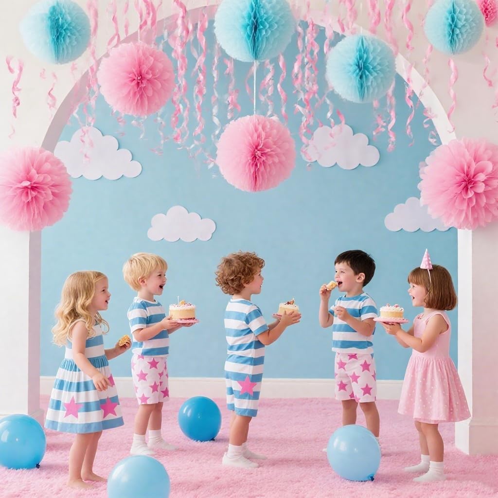 Pink and Blue Paper Pom Poms,Party Tissue Paper Flowers Balls for Baby Shower,Boy or Girl Gender