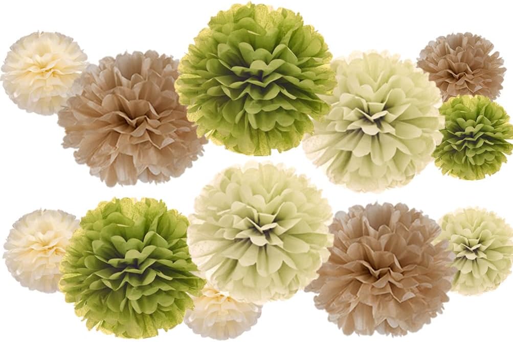 Sage Green Olive Ivory and Champagne Tan Tissue Paper Pom Poms Flower for Baby Shower Spring Summer