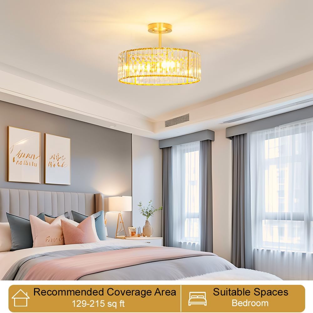 Modern Crystal Ceiling Light Fixture, Semi Flush Mount Ceiling Light, Brushed Brass Hallway