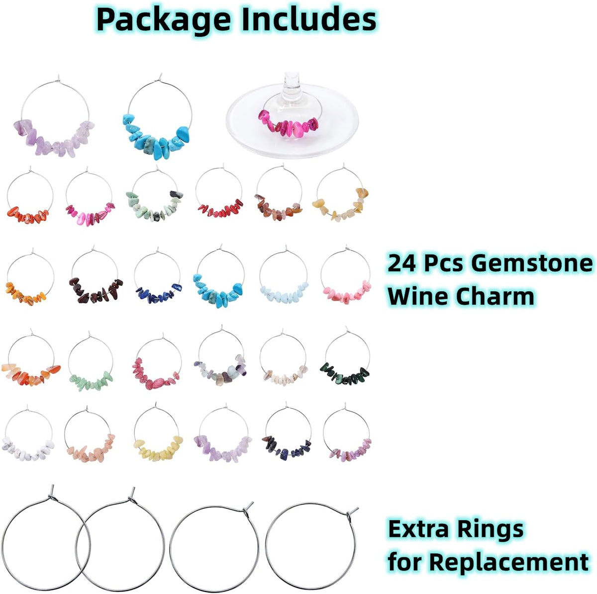 Pride & Par 24 Pcs Nature Gemstone Beads Glass Charms for Stem Glasses, Wine Glass Decoration for