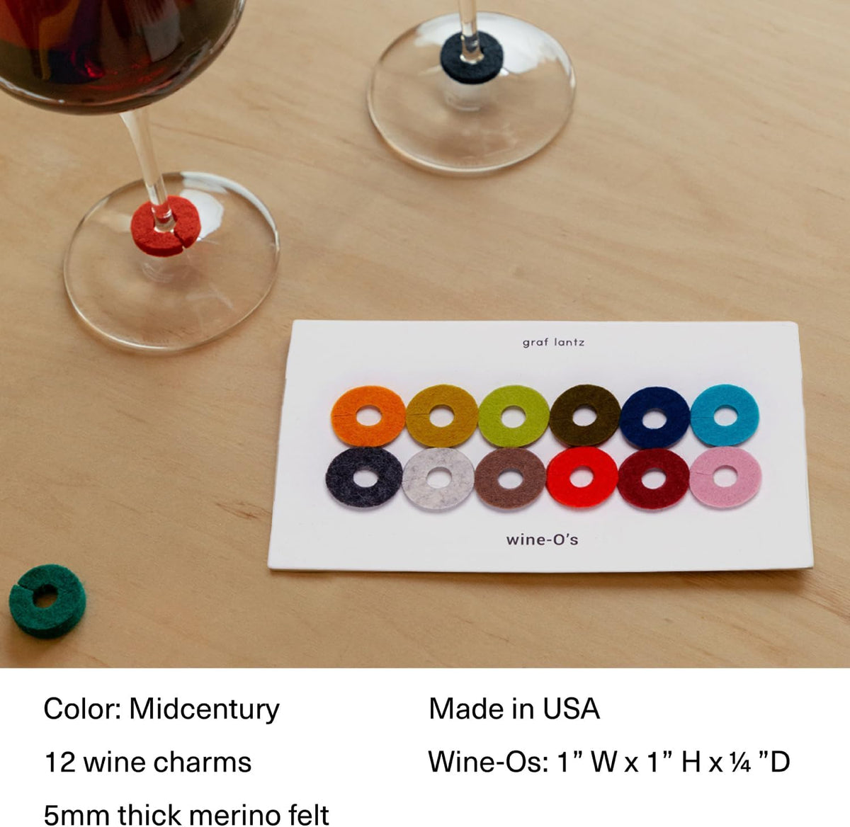 Graf Lantz - Wine-O's Merino Wool Wine Glass Charms (Midcentury) 12 Count - Drink Markers with Note