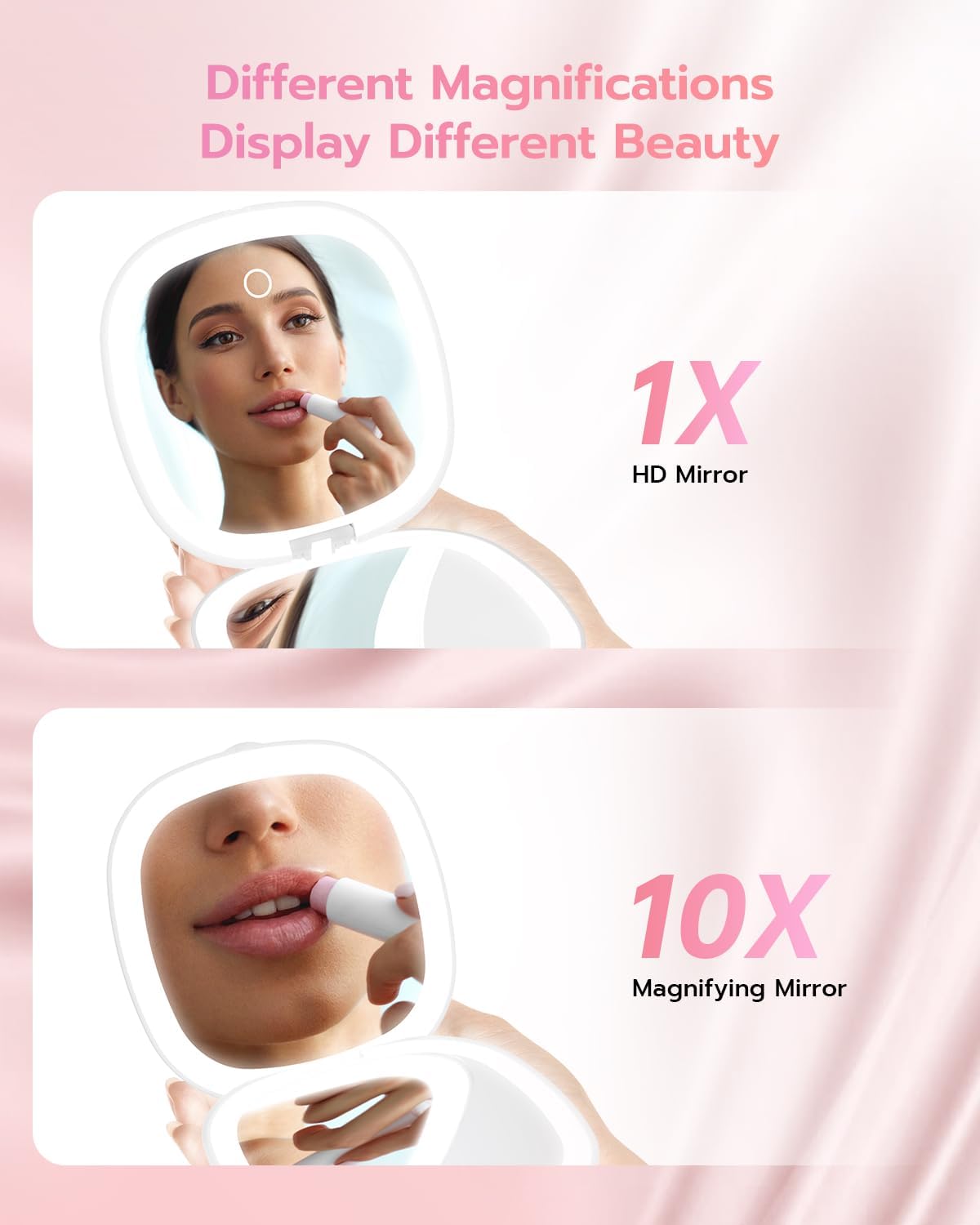 Benbilry 3.9" Rechargeable Compact Makeup Mirror with 3 Light Colors and Magnification 1X / 10X
